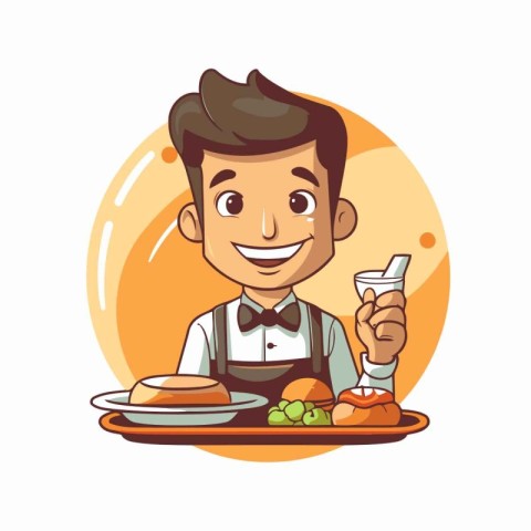 Waiter holding a tray with food. Vector illustration in cartoon