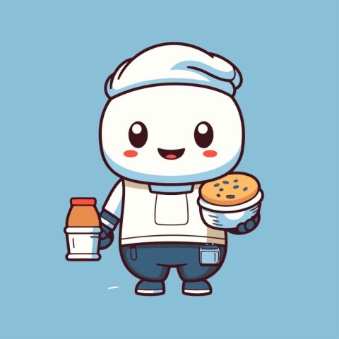 Cute chef with bread and milk. Vector cartoon character illustra