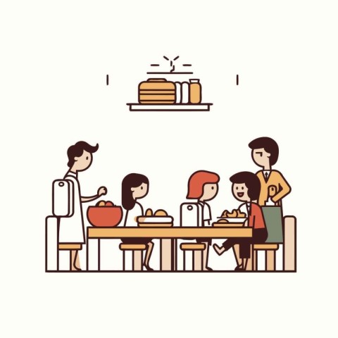 Family in the kitchen. Vector illustration in a flat linear styl