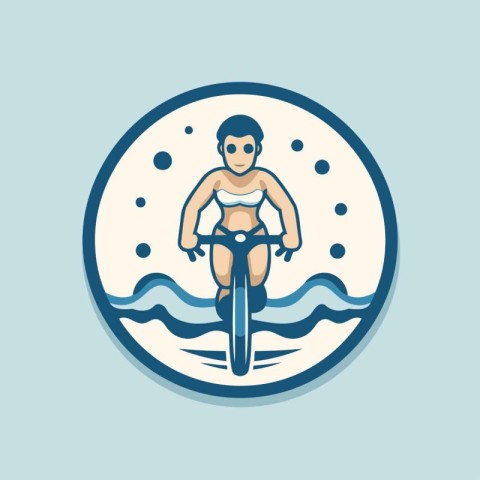 Woman riding a scooter on the waves. Flat vector illustration.