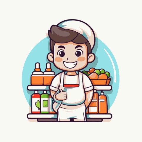 Cute cartoon little boy in a grocery store. vector illustration.