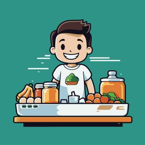 Man choosing fruits and vegetables in supermarket. Vector flat c