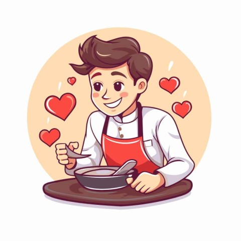 Cute cartoon boy in apron cooking food. Vector illustration.