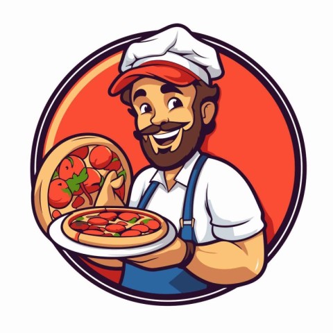 Chef with pizza cartoon mascot. Vector illustration of a chef ho