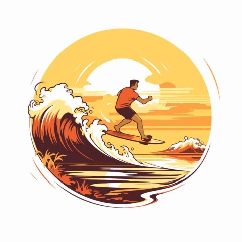 Surfer rides the wave at sunset. Vector illustration in retro st