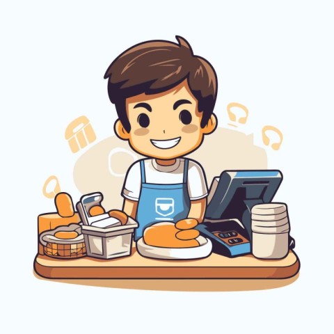 Cute little boy making bread in the kitchen. Vector illustration