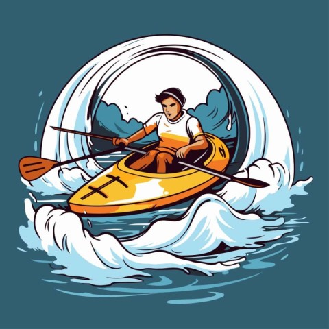 Man in a kayak on the waves. Cartoon vector illustration.