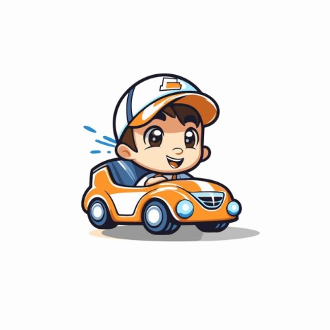 Cute boy driving a car on white background. Vector illustration.