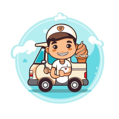 Cute boy driving a car and eating ice cream. Vector illustration