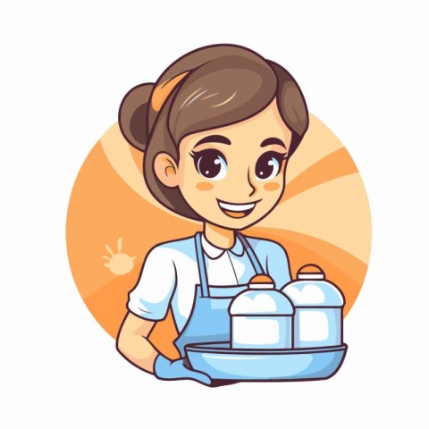 Cute little girl chef holding tray with food. Vector cartoon ill