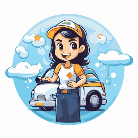 Cleaning service woman with car cartoon round icon vector illust