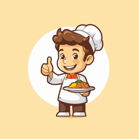 Chef boy holding a plate with food. Vector cartoon illustration.