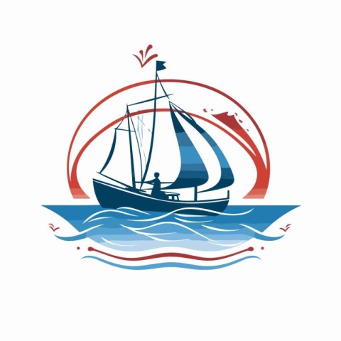 Sailing boat with a sail in the sea. Vector illustration.