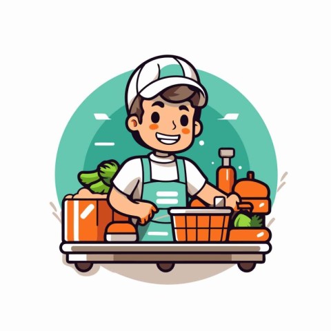 Cartoon boy in a supermarket trolley with food. Vector illustrat