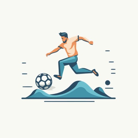 Soccer player kicking the ball. Vector illustration in flat styl