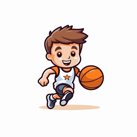 Cute boy playing basketball cartoon vector Illustration isolated