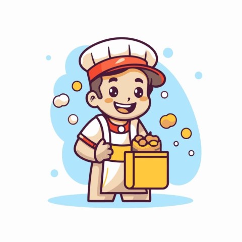 Cartoon chef with a bucket of food. Vector illustration in carto