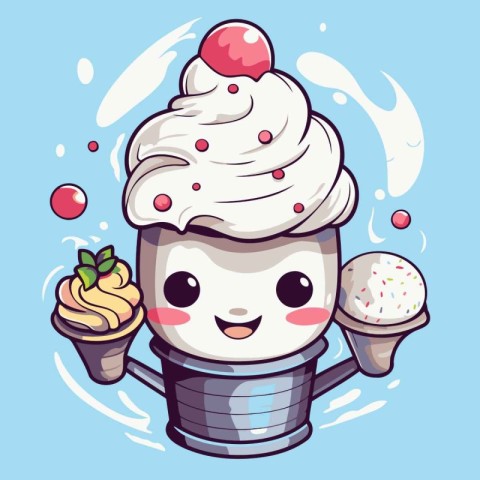 Cute cartoon ice cream cup with ice cream. Vector illustration.