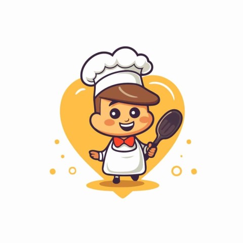 Cute chef boy holding spoon and ladle cartoon vector illustratio