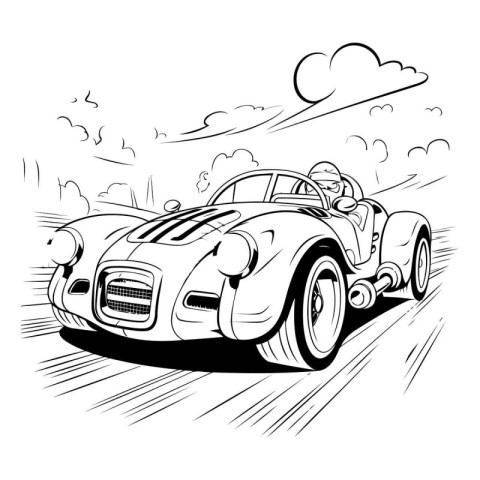 Vintage car on the road. Black and white vector illustration.