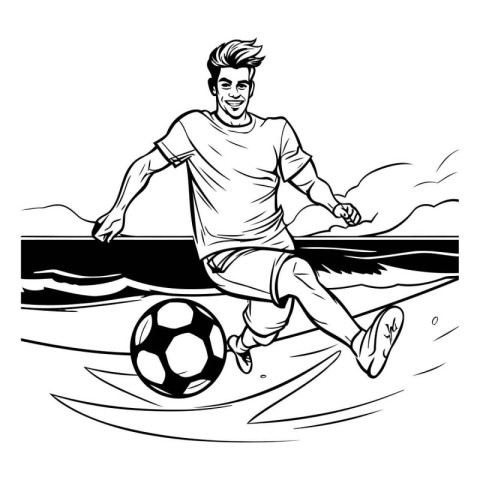 Soccer player with ball on the beach. Black and white vector ill