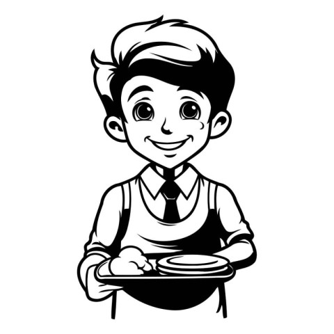 Vector illustration of a boy in apron holding plate with dishes.