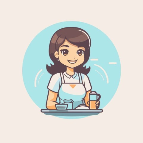 Cute cartoon waitress with a cup of coffee. Vector illustration.