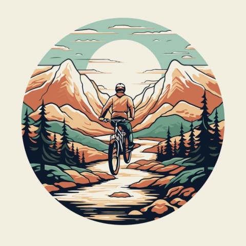 Mountain biker rides on the bike in the mountains. Vector illust