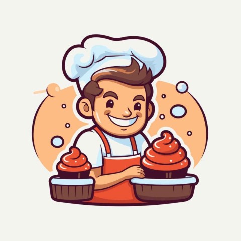 Cute cartoon boy chef with cupcakes. Vector illustration of a ca