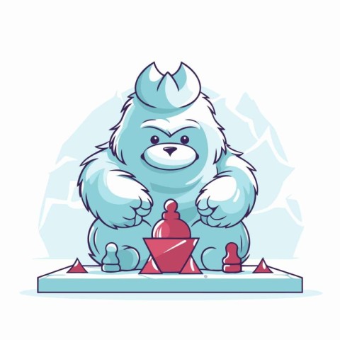 Vector illustration of a fat bear playing chess on a white backg