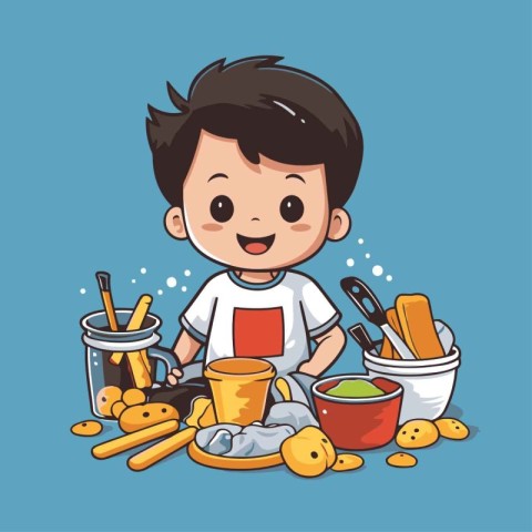 Cute little boy cooking in the kitchen. Vector illustration in c