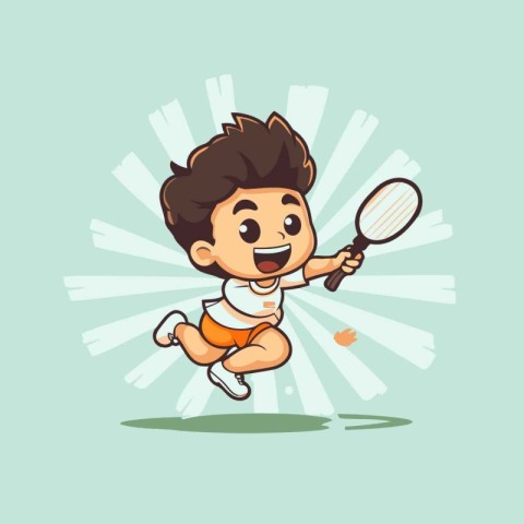 Cute boy playing badminton. Cartoon character vector illustratio