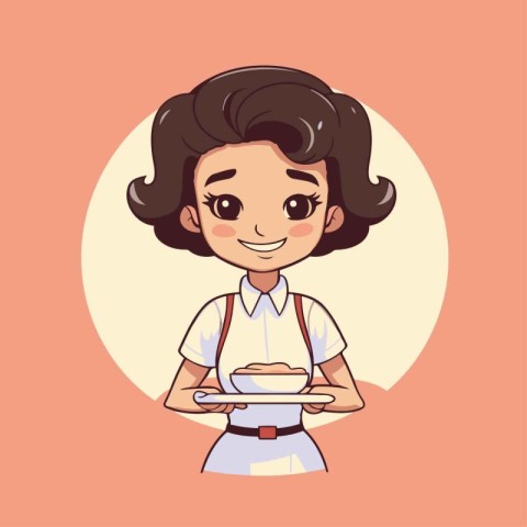 Cute cartoon waitress with a plate of food. Vector illustration.