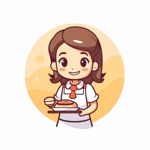 Cute little girl chef holding a plate of pancakes. Vector illust