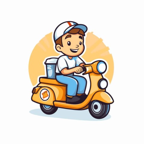 Cute boy riding a scooter. Vector illustration in cartoon style.