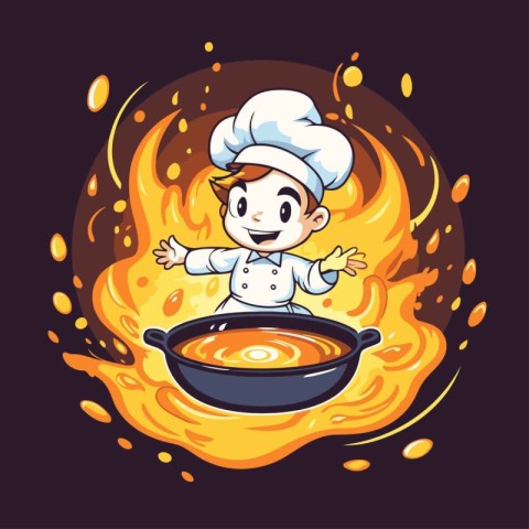 Chef cooking in the fire. Vector illustration of a cartoon chara