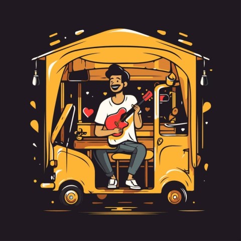 Man playing guitar in a yellow school bus. Vector illustration o