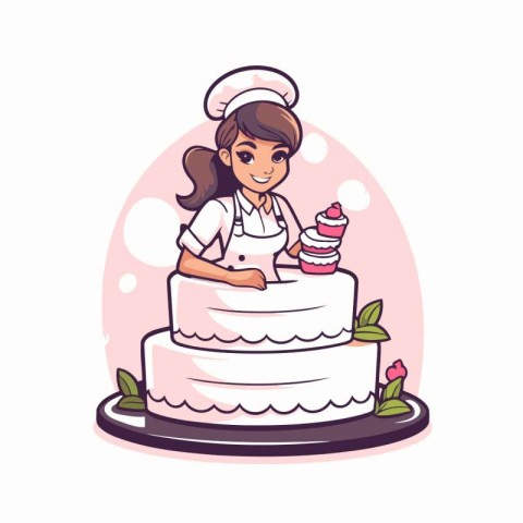 Cute girl chef with cake. Vector illustration in cartoon style.