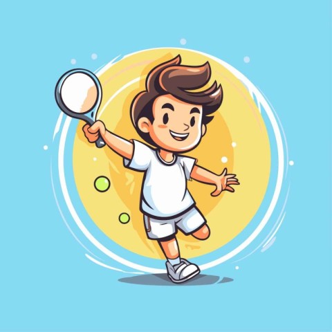 Cartoon boy playing tennis isolated on blue background. Vector i