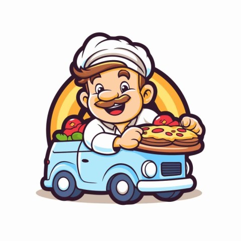 Chef Car with Pizza Cartoon Mascot Character Vector Illustration