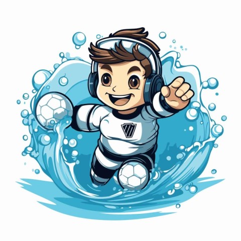 Cartoon soccer player jumping in the water. Vector clip art illu