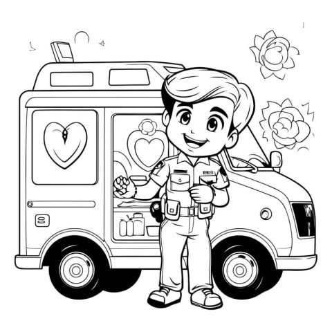 Black and white illustration of a boy driving a delivery truck w