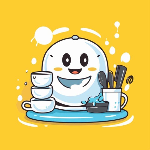 Cute kawaii snowman with coffee cup. Vector illustration.