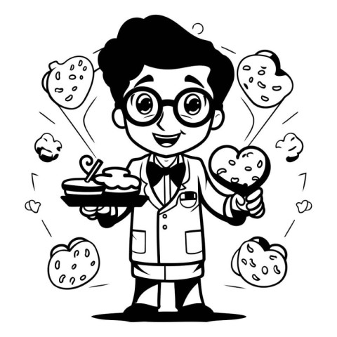 Vector cartoon illustration of a boy chef holding a plate of foo