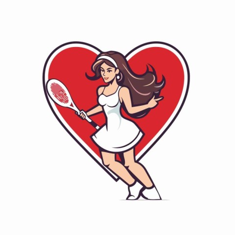 Tennis player woman holding racket in heart shape. Vector illust