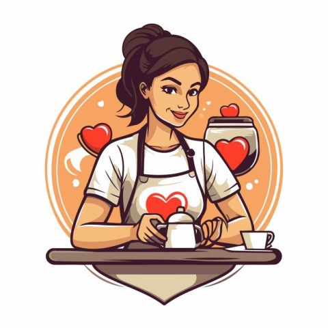 Beautiful young woman in apron with cup of coffee. Vector illust