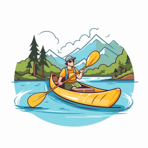 Man in a kayak on a mountain river. Vector illustration.