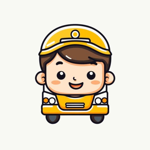 Cute Little Boy Driving School Bus Vector Cartoon Character Illu