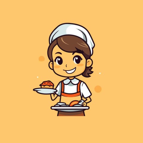 Cute cartoon chef girl with plate of food. Vector illustration.