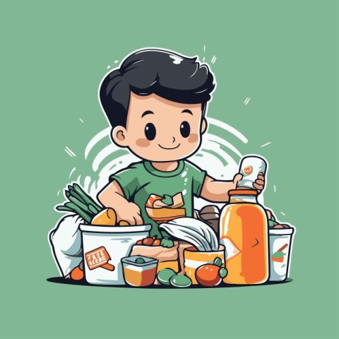 Vector illustration of little boy eating healthy food. Cartoon s